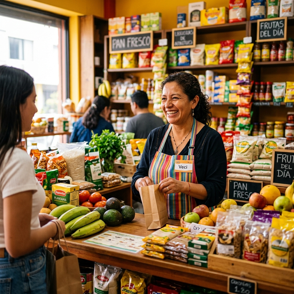 Veci ecuatoriano trabajando con orgullo en su tienda local